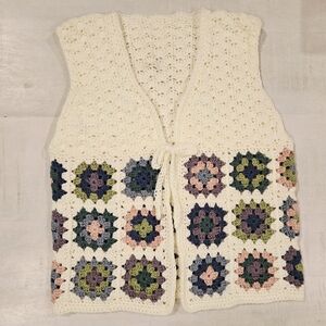 Crochet Granny Square Multicolor Sweater Vest Handmade Size XS